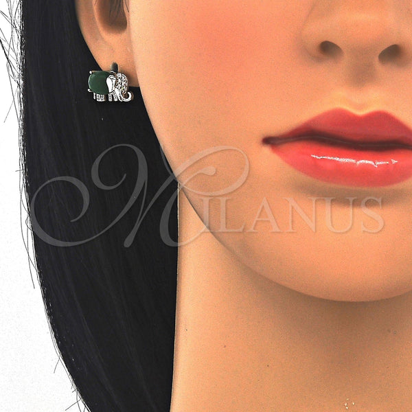 Arete Dormilona 02.210.0159.7 Rodio Laminado, Diseño de Elefante, con Zirconia Cubica Verde y Blanca, Pulido, Rodinado