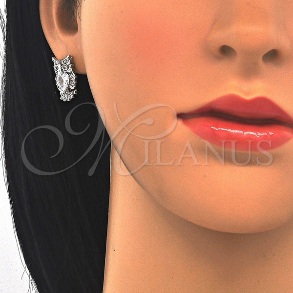 Arete Dormilona 02.210.0161.4 Rodio Laminado, Diseño de Búho, con Zirconia Cubica Blanca, Pulido, Rodinado