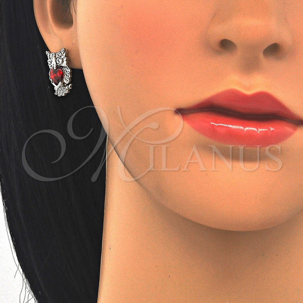 Arete Dormilona 02.210.0161.5 Rodio Laminado, Diseño de Búho, con Zirconia Cubica Granate y Blanca, Pulido, Rodinado