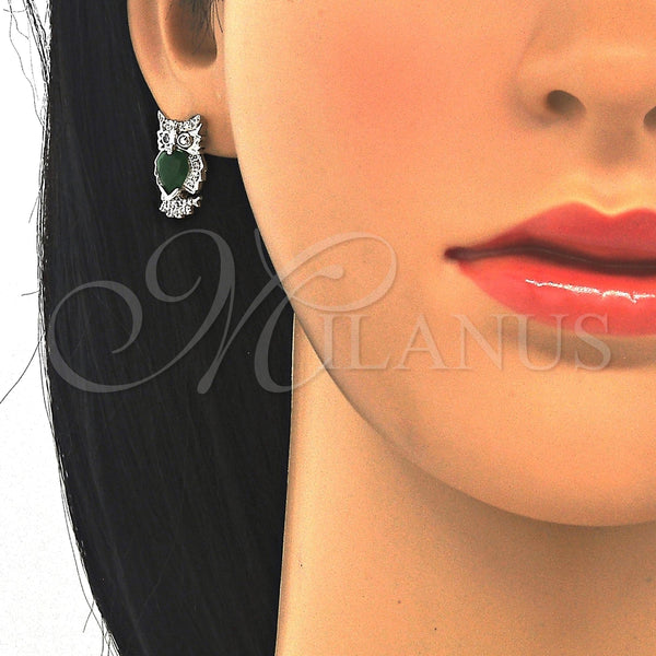 Arete Dormilona 02.210.0161.6 Rodio Laminado, Diseño de Búho, con Zirconia Cubica Verde y Blanca, Pulido, Rodinado