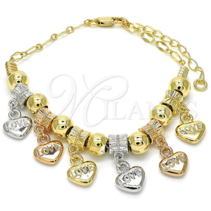 Pulsera de Dije 03.63.1907.1.08 Oro Laminado, Diseño de Corazón y Amor, Pulido, Tres Tonos (04 MM Thickness, 8 Inches Length)
