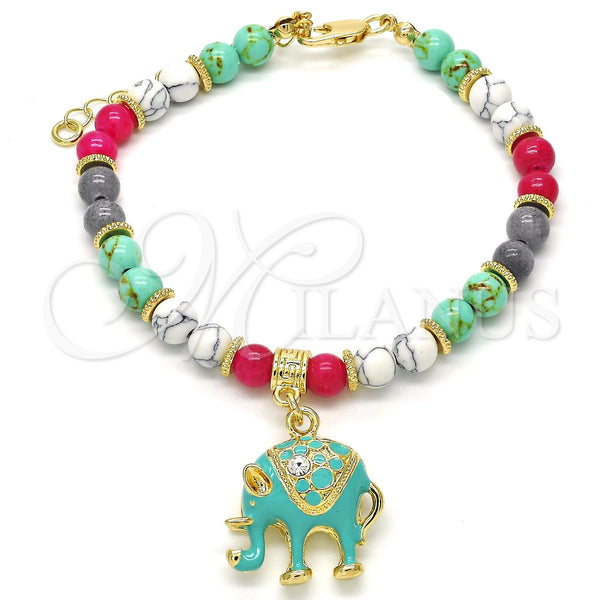 Pulsera de Dije 03.63.1909.2.08 Oro Laminado, Diseño de Elefante, con Blanca Cristal, Esmaltado Turquesa, Tono Dorado (06 MM Thickness, 8 Inches Length)