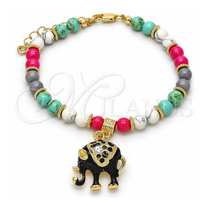 Pulsera de Dije 03.63.1909.3.08 Oro Laminado, Diseño de Elefante, con Cristal Blanca, Esmaltado Negro, Tono Dorado (Grosor 06 MM, 8 Pulgadas de Largo)