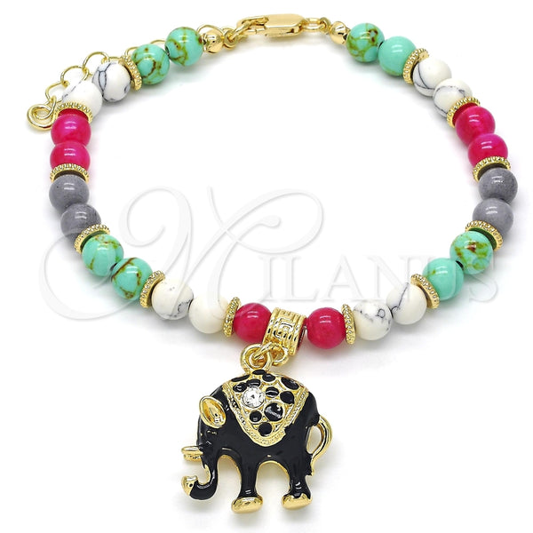 Pulsera de Dije 03.63.1909.3.08 Oro Laminado, Diseño de Elefante, con Blanca Cristal, Esmaltado Negro, Tono Dorado (06 MM Thickness, 8 Inches Length)