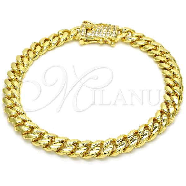 Pulsera Básica 03.278.0003.09 Acero Inoxidable, Diseño de Miami Cubana, con Blanca Zirconia Cubica, Pulido, Tono Dorado (08 MM Thickness, 9 Inches Length)