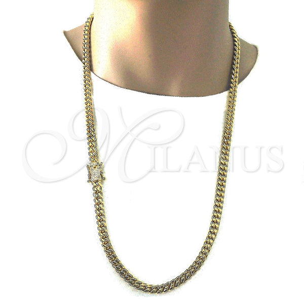 Gargantilla Basica 03.278.0003.30 Acero Inoxidable, Diseño de Miami Cubana, con Blanca Zirconia Cubica, Pulido, Tono Dorado (08 MM Thickness, 30 Inches Length)