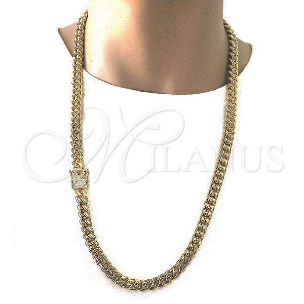 Gargantilla Basica 03.278.0004.30 Acero Inoxidable, Diseño de Miami Cubana, con Blanca Micro Pave, Pulido, Tono Dorado (10 MM Thickness, 30 Inches Length)