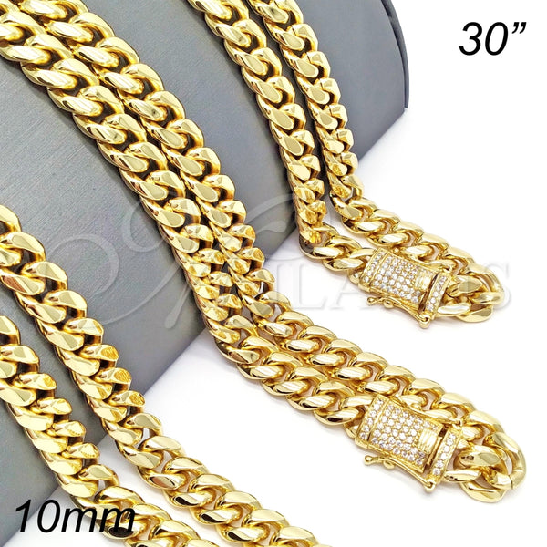 Gargantilla Basica 03.278.0004.30 Acero Inoxidable, Diseño de Miami Cubana, con Blanca Micro Pave, Pulido, Tono Dorado (10 MM Thickness, 30 Inches Length)