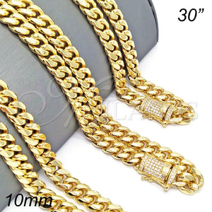 Gargantilla Basica 03.278.0004.30 Acero Inoxidable, Diseño de Miami Cubana, con Blanca Micro Pave, Pulido, Tono Dorado (10 MM Thickness, 30 Inches Length)