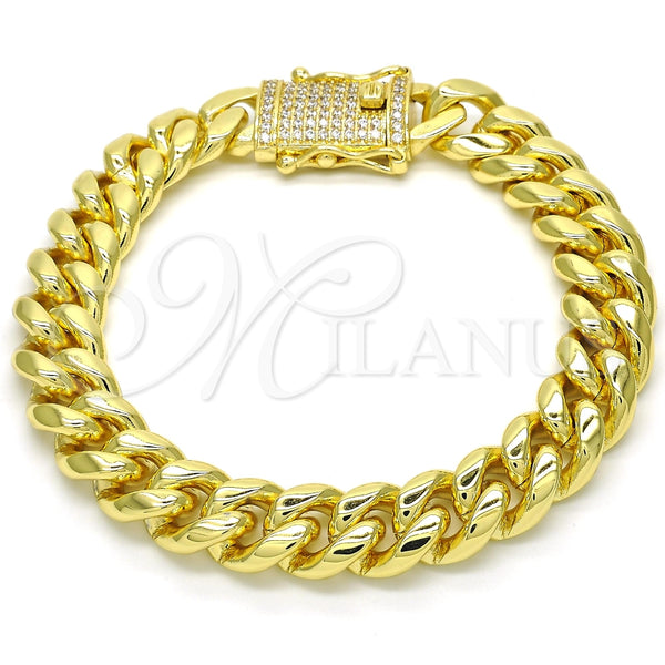 Pulsera Básica 03.278.0005.09 Acero Inoxidable, Diseño de Miami Cubana, con Blanca Micro Pave, Pulido, Tono Dorado (12 MM Thickness, 9 Inches Length)