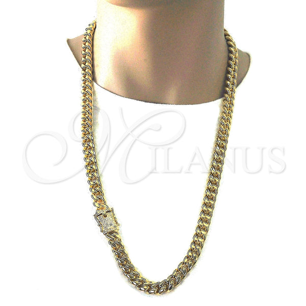 Gargantilla Basica 03.278.0005.30 Acero Inoxidable, Diseño de Miami Cubana, con Blanca Micro Pave, Pulido, Tono Dorado (12 MM Thickness, 30 Inches Length)