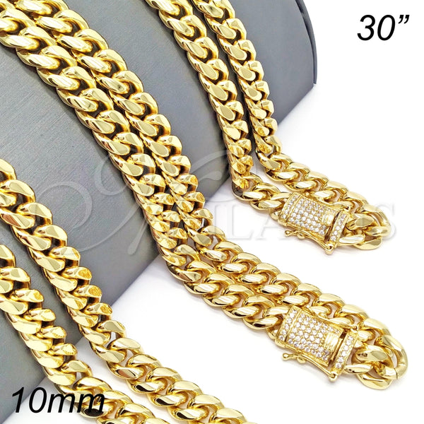 Gargantilla Basica 03.278.0005.30 Acero Inoxidable, Diseño de Miami Cubana, con Blanca Micro Pave, Pulido, Tono Dorado (12 MM Thickness, 30 Inches Length)