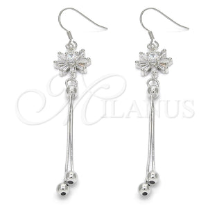 Arete Largo 02.183.0025 Plata Rodinada, Diseño de Flor, con Zirconia Cubica Blanca, Pulido, Rodinado