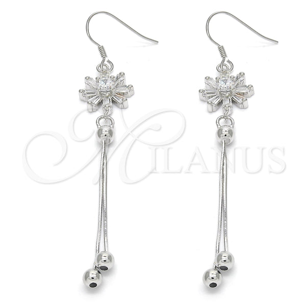 Arete Largo 02.183.0025 Plata Rodinada, Diseño de Flor, con Zirconia Cubica Blanca, Pulido, Rodinado