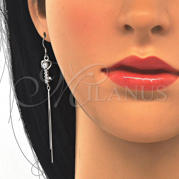 Arete Largo 02.183.0027 Plata Rodinada, Diseño de Llave, con Zirconia Cubica Blanca, Pulido, Rodinado