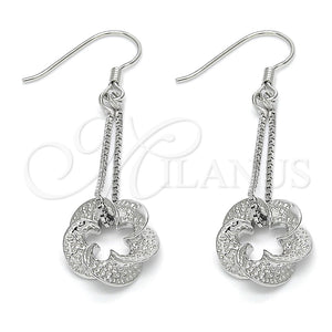 Arete Largo 02.183.0029 Plata Rodinada, Diseño de Flor, Pulido, Rodinado