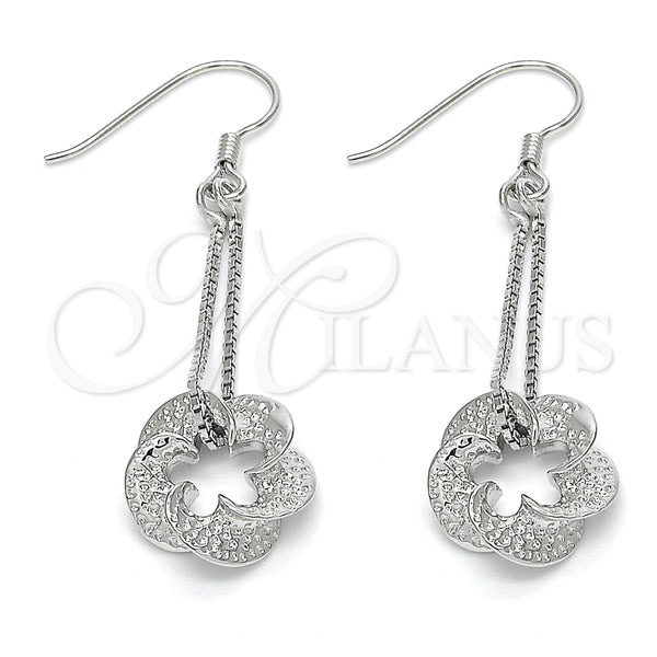 Arete Largo 02.183.0029 Plata Rodinada, Diseño de Flor, Pulido, Rodinado