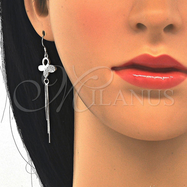Arete Largo 02.183.0032 Plata Rodinada, Diseño de Mariposa, con Zirconia Cubica Blanca, Pulido, Rodinado