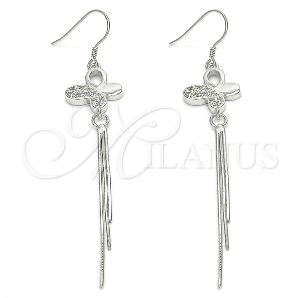 Arete Largo 02.183.0032 Plata Rodinada, Diseño de Mariposa, con Zirconia Cubica Blanca, Pulido, Rodinado