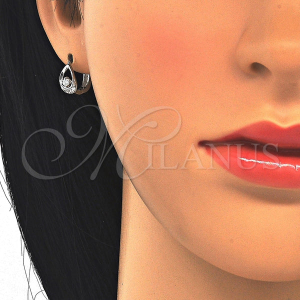 Argolla Huggie 02.332.0037.12 Plata Rodinada, Diseño de Gota, con Zirconia Cubica Blanca y Micro Pave Blanca, Pulido, Rodinado