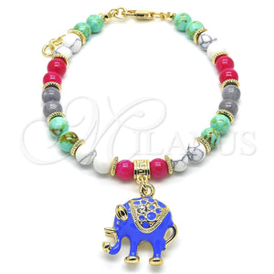 Pulsera de Dije 03.63.1909.4.08 Oro Laminado, Diseño de Elefante, con Blanca Cristal, Esmaltado Azul, Tono Dorado (06 MM Thickness, 8 Inches Length)