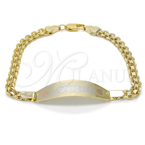 Pulsera con Placa 03.63.1916.1.08 Oro Laminado, Diseño de Corazón, Pulido, Tres Tonos (05 MM Thickness, 8 Inches Length)