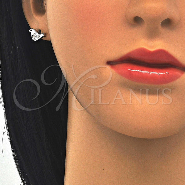 Arete Dormilona 02.336.0021 Plata Rodinada, Diseño de Pajaro, con Zirconia Cubica Negro y Blanca, Pulido, Rodinado