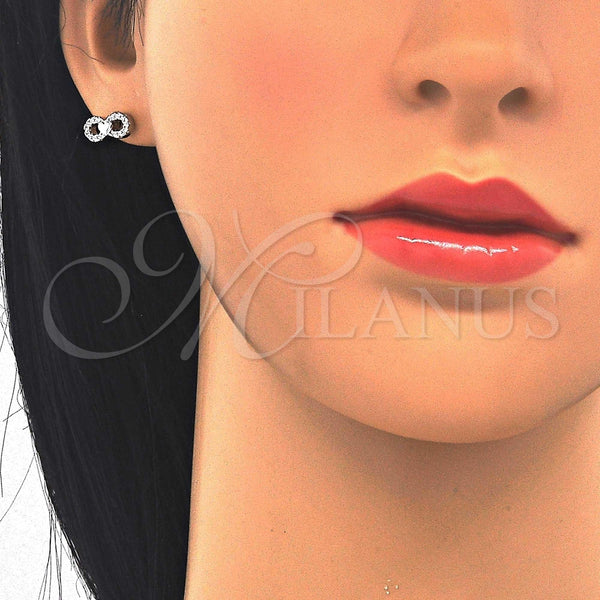 Arete Dormilona 02.336.0029 Plata Rodinada, Diseño de Infinito y Corazón, con Zirconia Cubica Blanca, Pulido, Rodinado