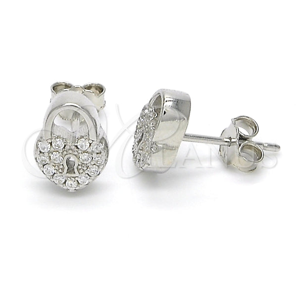 Arete Dormilona 02.336.0035 Plata Rodinada, Diseño de Candado y Corazón, con Micro Pave Blanca, Pulido, Rodinado