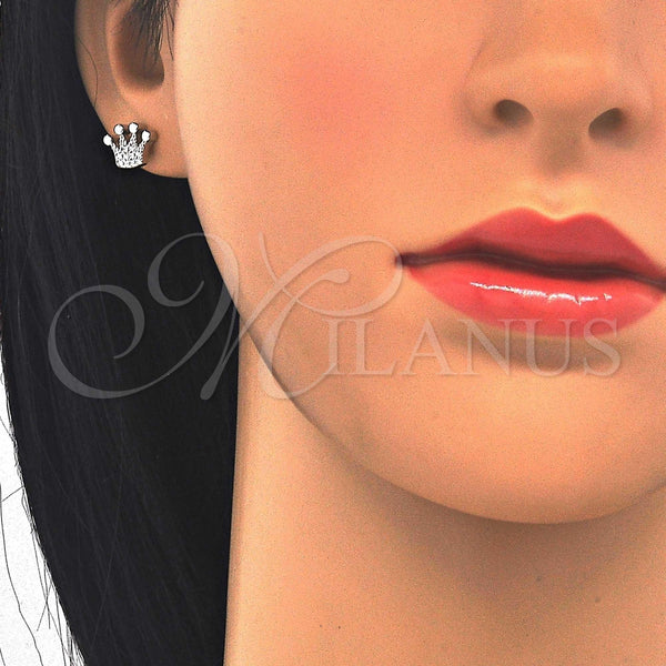 Arete Dormilona 02.336.0048 Plata Rodinada, Diseño de Corona, con Zirconia Cubica Blanca, Pulido, Rodinado