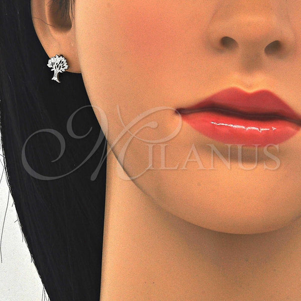 Arete Dormilona 02.336.0051 Plata Rodinada, Diseño de Ãrbol, con Micro Pave Blanca, Pulido, Rodinado