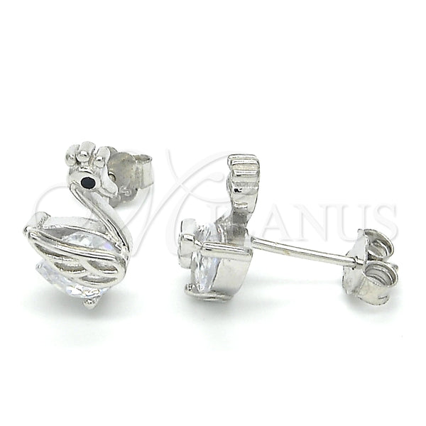 Arete Dormilona 02.336.0058 Plata Rodinada, Diseño de Cisne, con Zirconia Cubica Negro y Blanca, Pulido, Rodinado