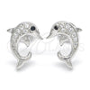 Arete Dormilona 02.336.0082 Plata Rodinada, Diseño de Delfín, con Zirconia Cubica Negro y Blanca, Pulido, Rodinado