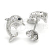 Arete Dormilona 02.336.0082 Plata Rodinada, Diseño de Delfín, con Zirconia Cubica Negro y Blanca, Pulido, Rodinado