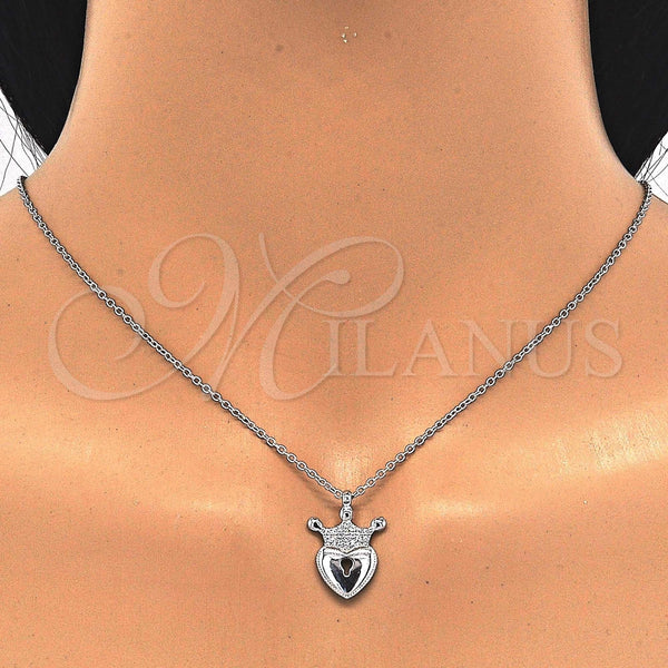 Collares con Dije 04.336.0010.16 Plata Rodinada, Diseño de Candado y Corona, con Zirconia Cubica Blanca, Pulido, Rodinado (Grosor 01 MM, 16 Pulgadas de Largo)