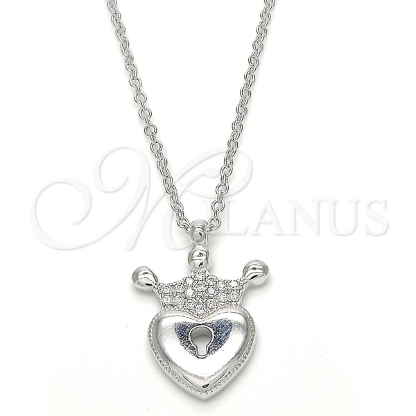 Collares con Dije 04.336.0010.16 Plata Rodinada, Diseño de Candado y Corona, con Zirconia Cubica Blanca, Pulido, Rodinado (Grosor 01 MM, 16 Pulgadas de Largo)