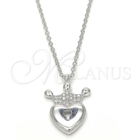 Collares con Dije 04.336.0010.16 Plata Rodinada, Diseño de Candado y Corona, con Zirconia Cubica Blanca, Pulido, Rodinado (Grosor 01 MM, 16 Pulgadas de Largo)