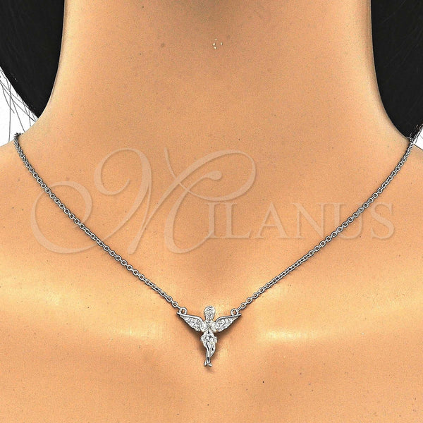 Collares con Dije 04.336.0012.16 Plata Rodinada, Diseño de Angel, con Micro Pave Blanca, Pulido, Rodinado (Grosor 01 MM, 16 Pulgadas de Largo)