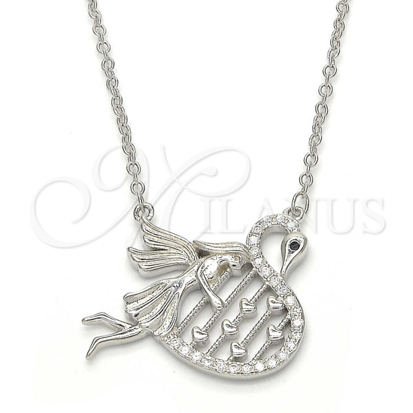Collares con Dije 04.336.0038.16 Plata Rodinada, Diseño de Cisne y Corazón, con Micro Pave Negro y Blanca, Pulido, Rodinado (Grosor 01 MM, 16 Pulgadas de Largo)