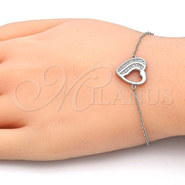Pulsera Elegante 03.336.0001.07 Plata Rodinada, Diseño de Corazón, con Micro Pave Blanca, Pulido, Rodinado (Grosor 01 MM, 7 Pulgadas de Largo)