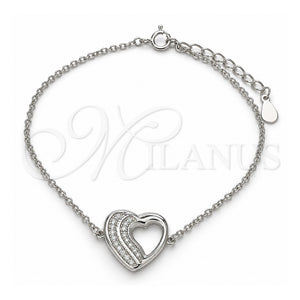 Pulsera Elegante 03.336.0001.07 Plata Rodinada, Diseño de Corazón, con Micro Pave Blanca, Pulido, Rodinado (Grosor 01 MM, 7 Pulgadas de Largo)