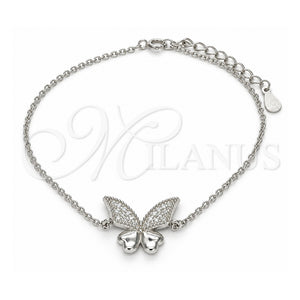 Pulsera Elegante 03.336.0008.07 Plata Rodinada, Diseño de Mariposa, con Zirconia Cubica Blanca, Pulido, Rodinado (Grosor 01 MM, 7 Pulgadas de Largo)
