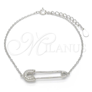 Pulsera Elegante 03.336.0015.07 Plata Rodinada, Diseño de Paperclip, con Micro Pave Blanca, Pulido, Rodinado (Grosor 01 MM, 7 Pulgadas de Largo)