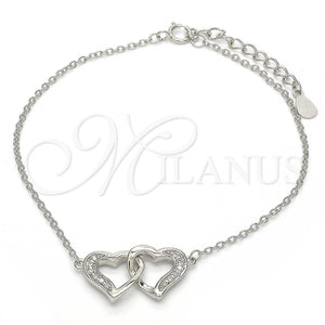 Pulsera Elegante 03.336.0025.07 Plata Rodinada, Diseño de Corazón, con Micro Pave Blanca, Pulido, Rodinado (Grosor 01 MM, 7 Pulgadas de Largo)
