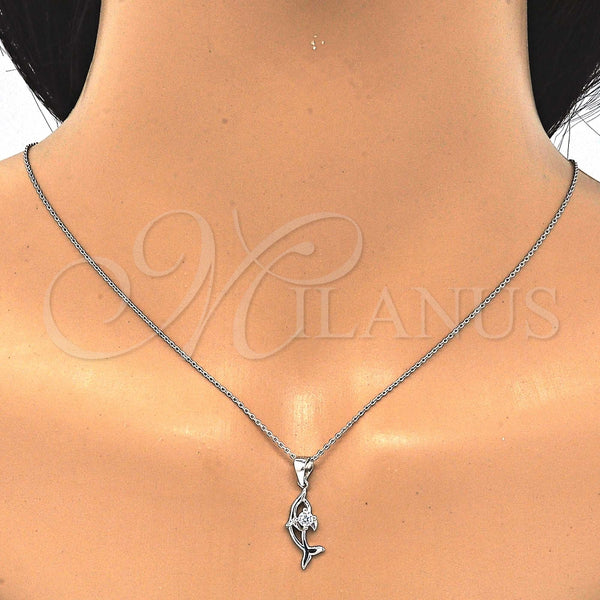 Juego de Arete y Dije de Adulto 10.337.0008 Plata Rodinada, Diseño de Delfín, con Zirconia Cubica Blanca, Pulido, Rodinado