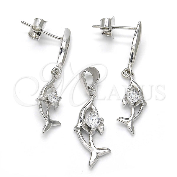 Juego de Arete y Dije de Adulto 10.337.0008 Plata Rodinada, Diseño de Delfín, con Zirconia Cubica Blanca, Pulido, Rodinado