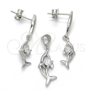 Juego de Arete y Dije de Adulto 10.337.0008 Plata Rodinada, Diseño de Delfín, con Zirconia Cubica Blanca, Pulido, Rodinado