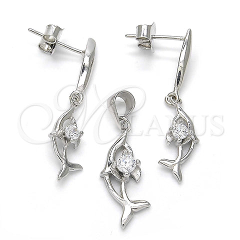 Juego de Arete y Dije de Adulto 10.337.0008 Plata Rodinada, Diseño de Delfín, con Zirconia Cubica Blanca, Pulido, Rodinado