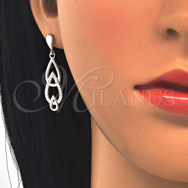 Arete Largo 02.337.0002 Plata Rodinada, Diseño de Gota, con Zirconia Cubica Blanca, Pulido, Rodinado