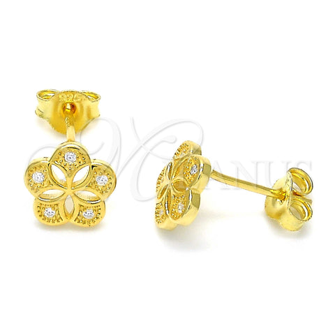 Arete Dormilona 02.292.0010.1 Plata Rodinada, Diseño de Flor, con Blanca Micro Pave, Pulido, Tono Dorado
